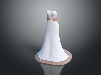 White Wedding Dress With Strapless Design Brown Belt At Waist And Lace Trim Skirt 3d model