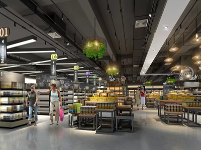 Modern Supermarket Department Store Interior With Bright Lighting Shelves Products And Shoppers 3d model