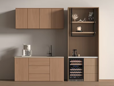 Modern Open Concept Kitchen Sideboard Design With Wooden Cabinets And Storage 3d model