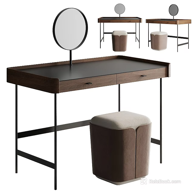 Modern Minimalist Dressing Table With Wooden Top Black Metal Frame Round Mirror And Upholstered Stool 3d model 
