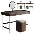 Modern Minimalist Dressing Table With Wooden Top Black Metal Frame Round Mirror And Upholstered Stool