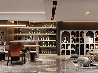 Modern Entertainment Room Interior Design With Wine Racks Bookshelves Comfortable Seating And Marble Floor 3d model