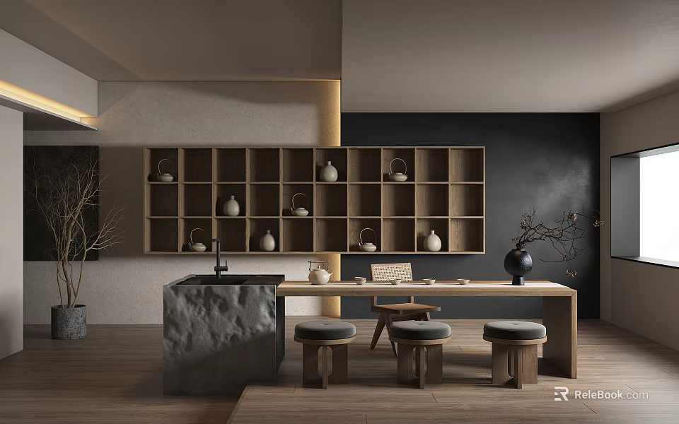 Serene Tea Room Interior With Wooden Shelves Holding Tea Sets Stone Countertop And Stools 3d model 