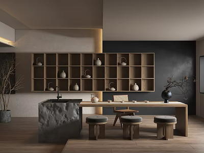 Serene Tea Room Interior With Wooden Shelves Holding Tea Sets Stone Countertop And Stools 3d model