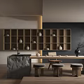 Serene Tea Room Interior With Wooden Shelves Holding Tea Sets Stone Countertop And Stools