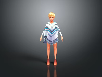 3D Game Movie Character with Blonde Hair Blue White Chevron Cape Dress Fringes Red Shoes 3d model
