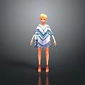 3D Game Movie Character with Blonde Hair Blue White Chevron Cape Dress Fringes Red Shoes