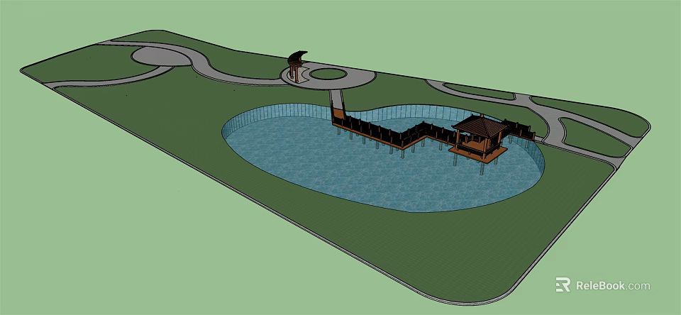 Scenic Pond Area With Wooden Boardwalk Cabin And Green Grass Paths 3d model 