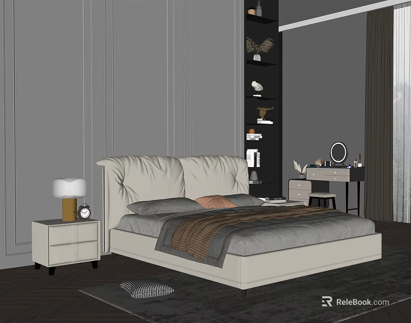 Double Bed with Soft Upholstered Headboard Gray Brown Bedding Nightstands Lamp Striped Wall Black Bookshelf 3d model 
