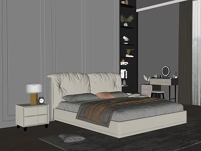 Double Bed with Soft Upholstered Headboard Gray Brown Bedding Nightstands Lamp Striped Wall Black Bookshelf 3d model