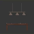 Wooden Billiard Table Interior With Three Hanging Lights And Billiard Balls