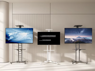 Three Televisions on Wheeled Stands Against Light Striped Wall Display World Map Text Mountain View 3d model