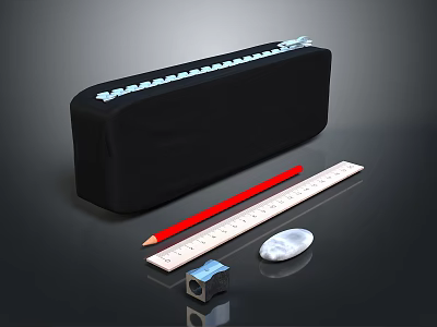Black Stationery Pencil Case With Red Pencil Ruler Eraser And Small Cube 3d model