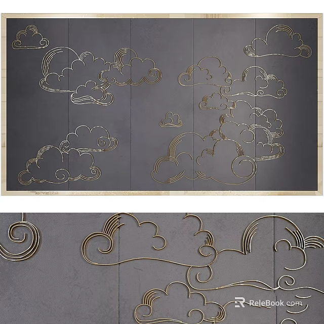 Golden Cloud Pattern Wall Decor With Curly Designs On Gray Background 3d model 
