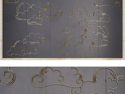 Golden Cloud Pattern Wall Decor With Curly Designs On Gray Background 3d model