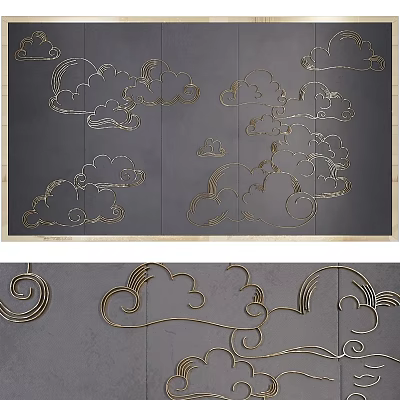 Golden Cloud Pattern Wall Decor With Curly Designs On Gray Background 3d model