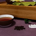 Traditional Tea Set with Wooden Tray Teapot Cups Lotus Flower and Green Leaf on Purple Cloth