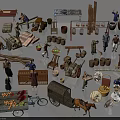 Traditional Road Facilities With Horse Drawn Carriage Wooden Cart And Bicycle In Ancient Market Scene