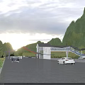 Scenic Mountain Entrance Gate With Misty Natural Surroundings And Cars On Driveway
