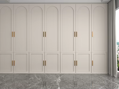 White Display Shelves with Golden Handles in Sleek Design Room with Marble Floor and Window 3d model