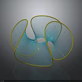 Abstract Blue Yellow Mesh 3D Geometric Sculpture with Curved Lines Hollow Design Dark Reflective Background
