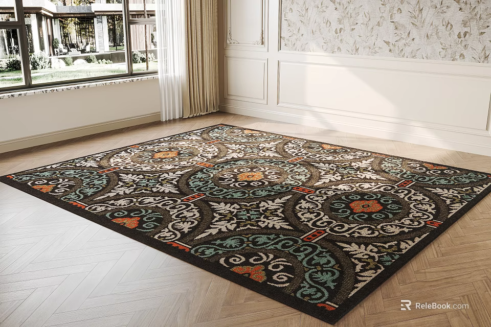 Decorative Square Area Rug With Intricate Black Blue Orange Patterns On Wooden Floor 3d model 