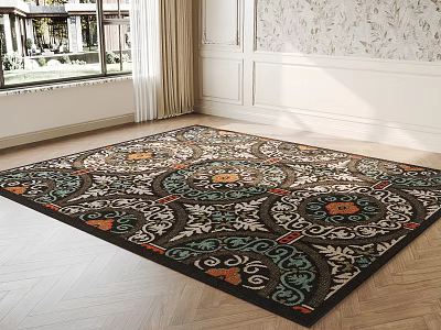 Decorative Square Area Rug With Intricate Black Blue Orange Patterns On Wooden Floor 3d model