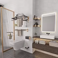 Modern Bathroom White Toilet With Golden Racks Hanging Towels Gray Wall And Toilet Paper Holder