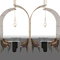 Modern Dining Table Set with Arched Metal Frames Pendant Lights and Chairs 3d model