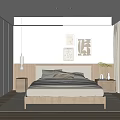 Modern Minimalist Bedroom Interior With Wooden Bed Decorative Paintings Built in Wardrobes And Ceiling Lighting