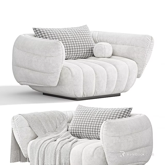Modern Light Gray Fabric Single Sofa With Checkered Pillows And Curved Design 3d model 