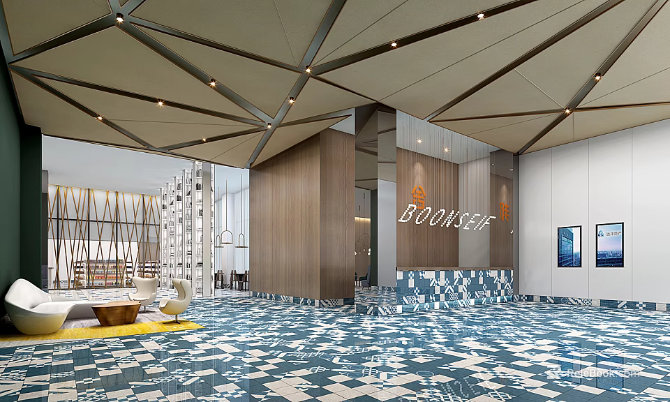 Modern Front Desk Reception Interior With Geometric Ceiling Blue White Tiled Floor And Wooden Wall 3d model 