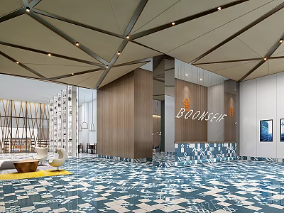 Modern Front Desk Reception Interior With Geometric Ceiling Blue White Tiled Floor And Wooden Wall 3d model
