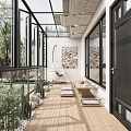 Modern Villa Balcony With Wooden Floor Hanging Chair And Art Paintings Outdoor Garden View