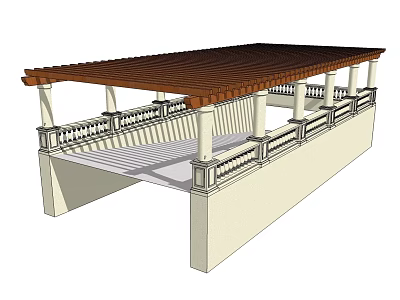 Modern Outdoor Pergola Structure With Wooden Roof White Columns And Railing Design 3d model