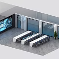 Modern Tech Office Interior With Long Tables Blue Chairs And Data Screens 3d model