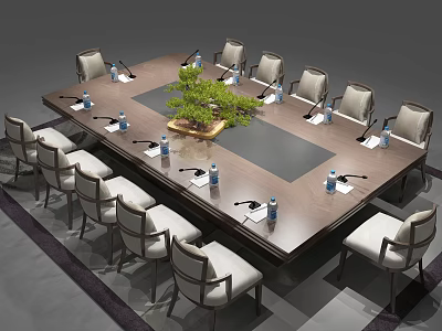 Modern Conference Table With Surrounding Chairs Green Plant Water Bottles Documents And Microphones 3d model