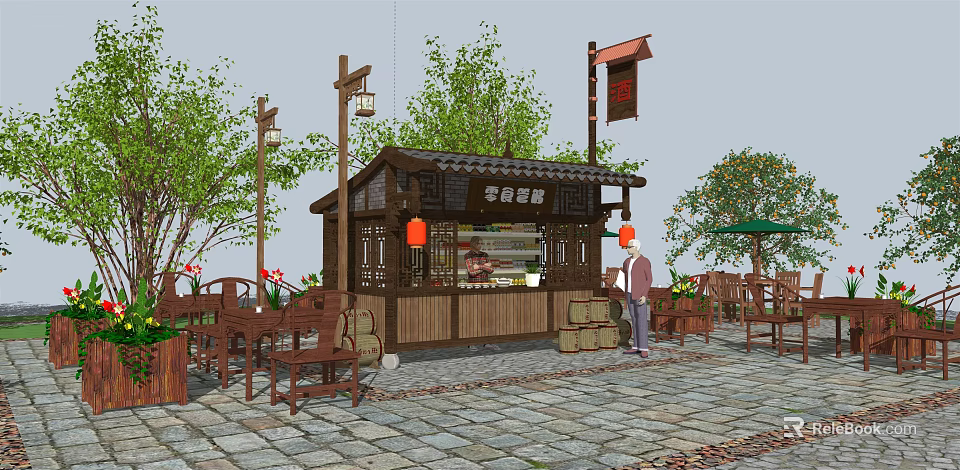 Traditional Chinese Style Food Stall With Wooden Structure Red Lanterns And Outdoor Seating 3d model 