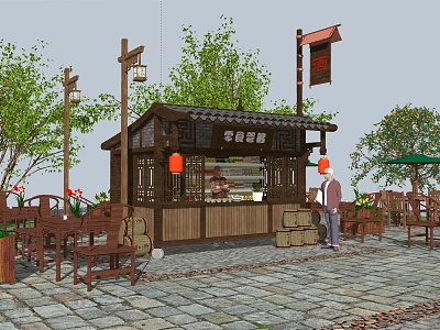 Traditional Chinese Style Food Stall With Wooden Structure Red Lanterns And Outdoor Seating 3d model