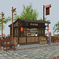 Traditional Chinese Style Food Stall With Wooden Structure Red Lanterns And Outdoor Seating