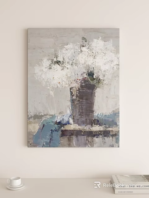 Abstract Oil Painting Still Life with White Flowers in Vase and Gray Blue Tones 3d model 
