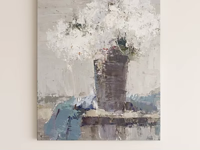 Abstract Oil Painting Still Life with White Flowers in Vase and Gray Blue Tones 3d model