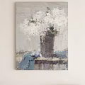 Abstract Oil Painting Still Life with White Flowers in Vase and Gray Blue Tones