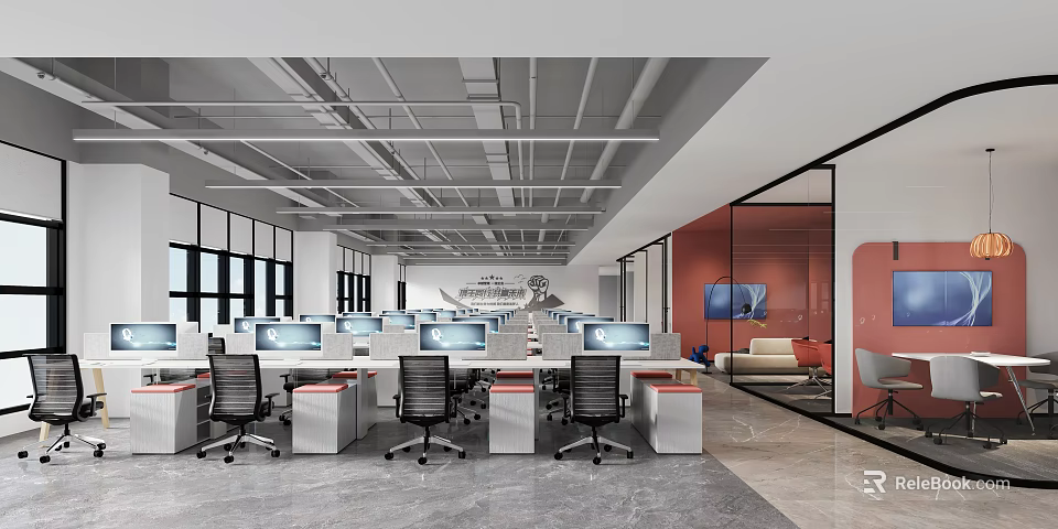 Modern Open Office Space With Workstations Office Chairs And Large Windows 3d model