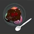 Delicious Colorful Ice Cream in Glass Bowl with Chocolate Sauce and Cherries Served with Spoon
