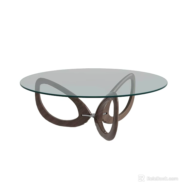 Modern Round Glass Top Coffee Table with Unique Wooden Curved Base Design 3d model 