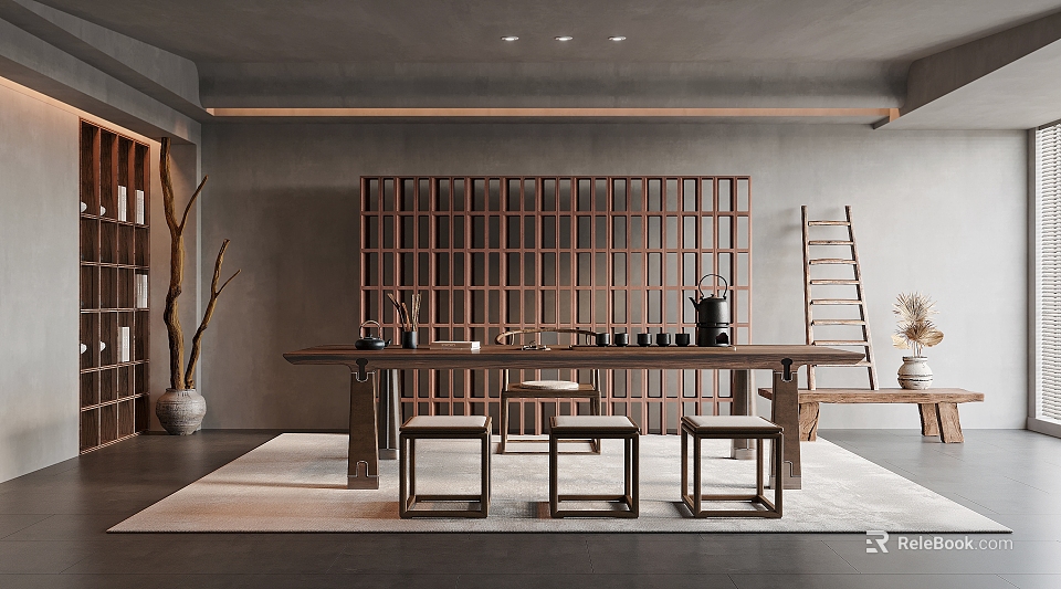 Traditional Modern Tea Room Interior Design With Wooden Lattice Screen Long Table And Tea Utensils 3d model 
