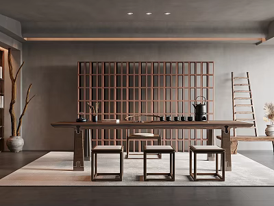Traditional Modern Tea Room Interior Design With Wooden Lattice Screen Long Table And Tea Utensils 3d model
