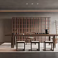 Traditional Modern Tea Room Interior Design With Wooden Lattice Screen Long Table And Tea Utensils