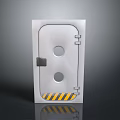 Sturdy Metal Security Door With Circular Holes Hinges Yellow Black Warning Stripes And Lock
